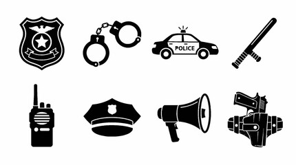 Police Equipment Vector Icon Set - Police Badge, Handcuffs, Patrol Car, Baton, Walkie Talkie, Police Hat, Megaphone, and Gun in Holster Silhouette Icons   © shahadat