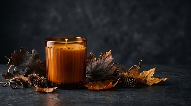 Amber-toned soy candle with natural wick burning in autumnal dried leaf arrangement on dark background