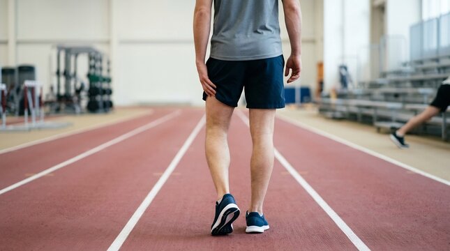 Man walking on an indoor athletic track while touching his thigh to check for muscle strain