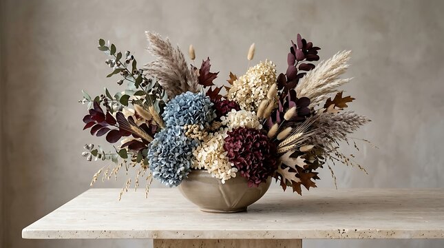 Dried floral arrangement in ceramic bowl on neutral-toned surface for home decor inspiration