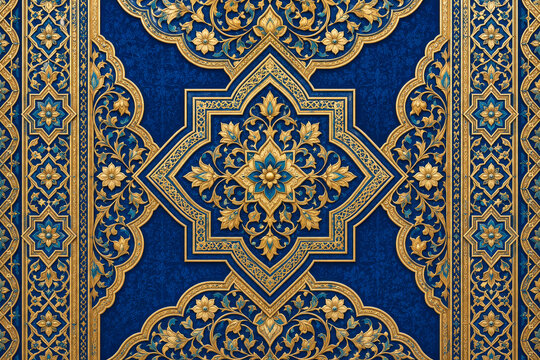 Luxurious Persian carpet pattern with intricate blue and gold oriental floral ornamentation