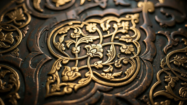 Intricate vintage golden embossed floral and arabesque pattern on dark textured metal surface