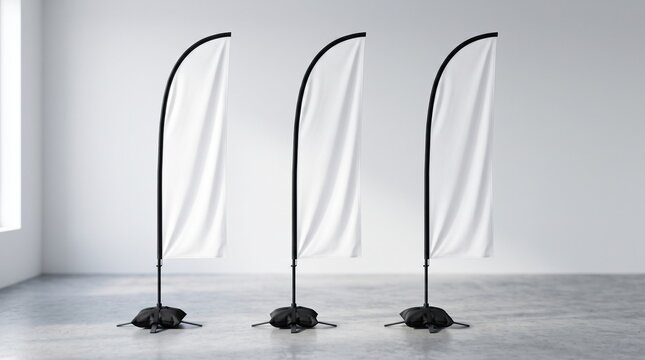 Mockup of three empty white advertising feather flags standing in a room