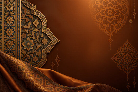 Elegant Islamic ornate brown background with draped satin fabric and traditional floral patterns