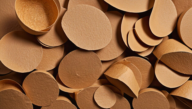 The image shows a closeup of a pile of small round light brown paper circles. the circles are arranged in a scattered manner with some overlapping eac