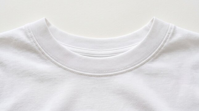 Closeup of the ribbed collar neckline of a plain white tshirt isolated on white background