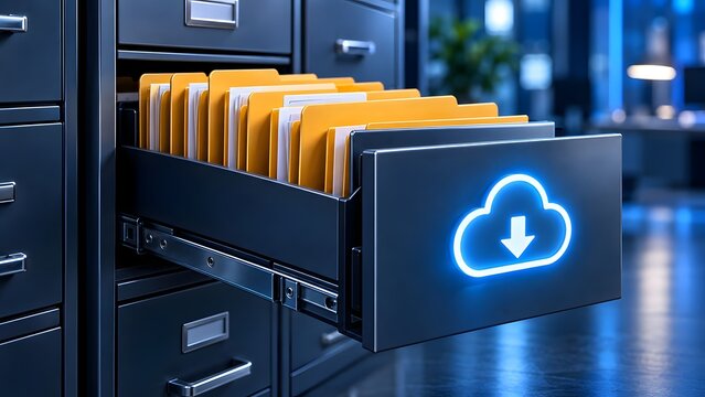 Digital cloud backup integration turning physical filing cabinet into modern secure data storage
