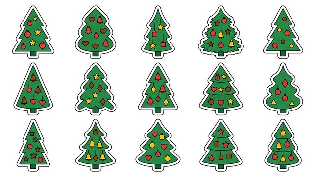 Collection of various stylized christmas trees with colorful ornaments on white background