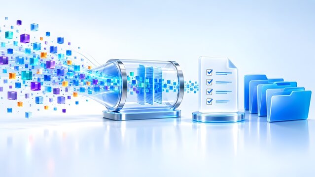 Automated data processing system converting raw digital blocks into organized documents and verified file folders.