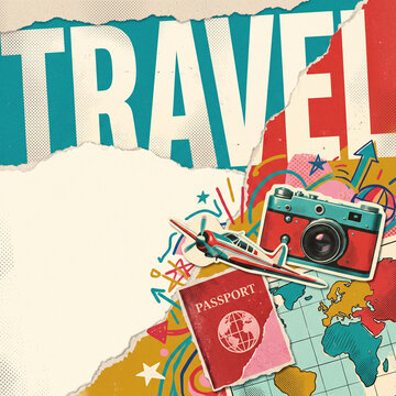 Retro travel collage with airplane passport and camera perfect for vacation and adventure promotional template for social media Instagram post, ads, banner design with empty copyspace