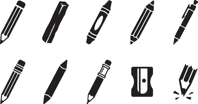 Set of black and white and writing tool icons featuring various pencils, crayons, pens, sharpeners, and broken pencil on white background