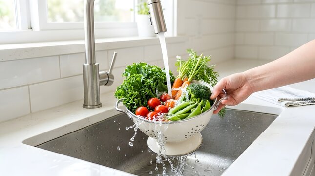 Person washing fresh vegetables in a colander under kitchen faucet