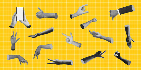 Fototapeta premium Unrecognizable Hands Gesturing Various Signals Like Thumbs Up And Down While Holding Smartphone, Set Of Different Hand Positions In Creative Studio Setting, Communication Concept.