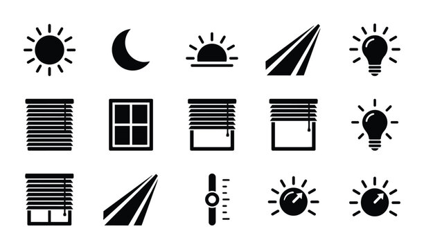 Sun, Moon, Blinds, Window Icons: Light Control, Day-Night Cycle, Home Automation Vector Set