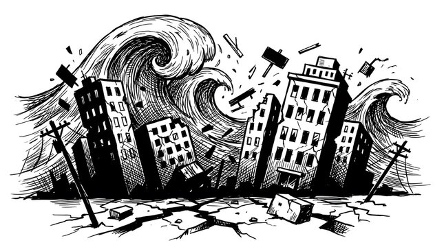 Dramatic monochrome vector illustration depicting a powerful tsunami wave surrounding a stylized coastal urban area with damaged buildings, turbulent water, debris, and cracked ground