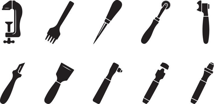 Set of ten black silhouette icons representing leatherworking tools including stitching chisels, awls, edge creasers, and manual cutting blades