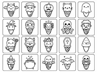 Fototapeta premium Halloween Ice Cream Cone Coloring Page Set - Vampire, Mummy, Ghost, Pumpkin, Skull Line Art Icon Collection