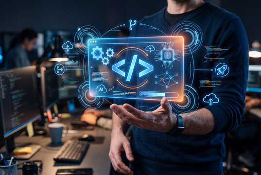 Developer holds software program code script hologram, AI algorithm development, cloud computing system, and digital application workflow interface in office. Information technology concept.