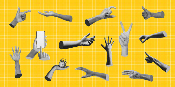 Creative Hand Gestures Displaying Various Actions Such As Pointing, Holding Smartphone And Clock. Suitable For A Range Of Settings Like Business Promotions Or Informative Presentations.