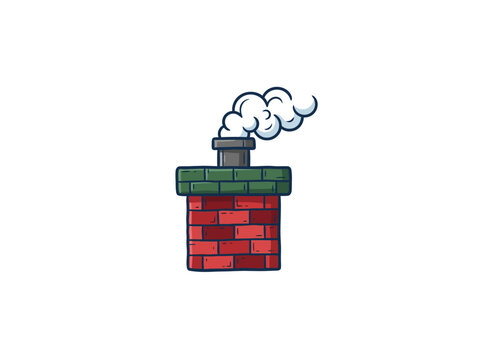 Hand Drawn Red Brick Chimney With Green Cap, Dark Flue And Curling White Smoke For Rooftops, Home Exteriors And Winter Building Scenes, Vector Illustration