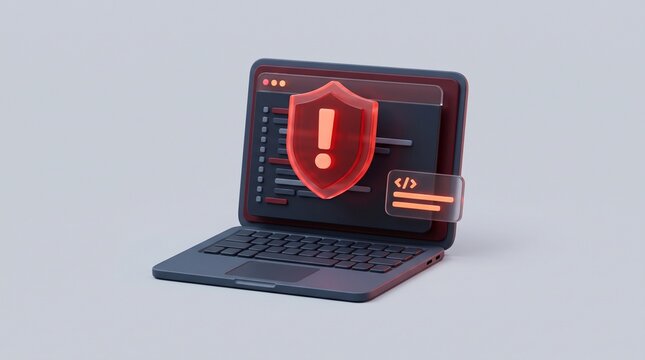 Perspective view of dark laptop displaying glowing red security shield and warning code