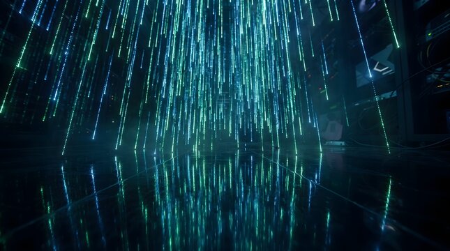 Vertical Cascade of Matrix-Style Digital Green Light Rain
