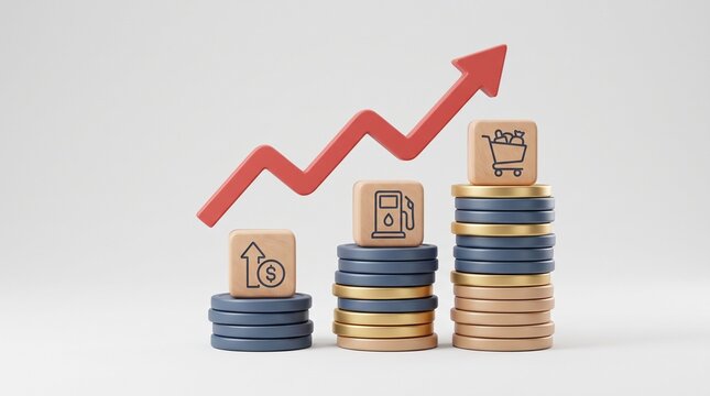 Mixed color coin columns displaying grocery cart icon and rising expenditure arrow