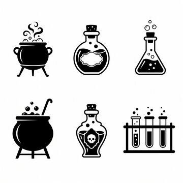 Collection of minimalist magic potion and alchemy icons featuring bubbling cauldrons, laboratory test tubes, Erlenmeyer flasks, and poison bottles with skull labels in black vector silhouette.