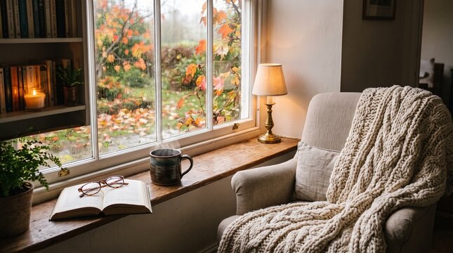 Cozy autumn reading nook with chunky knit blanket steaming mug and window view