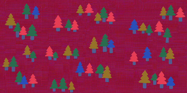 Colorful pine tree seamless pattern on red textured background, mid-century modern winter Christmas forest design. hand craft wallpaper style.