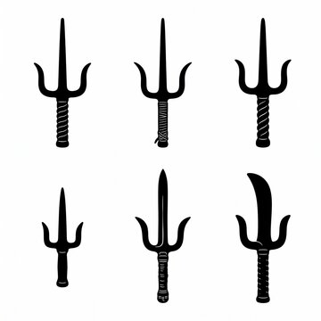 Set of Six Black Sai Weapon Silhouettes, Traditional Okinawan Martial Arts Equipment with Various Handle Designs Isolated on a White Background, Perfect for Karate and Kobudo Graphic Designs.
