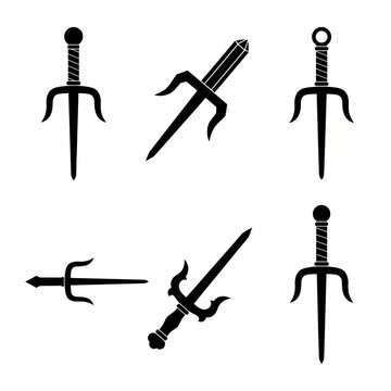 Set of black Sai dagger silhouettes representing traditional Okinawan martial arts weapons and ninja fighting tools isolated on a clean white background for logos and design elements.
