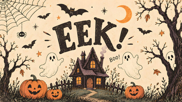 Halloween scene with a haunted house, ghosts, pumpkins, bats, and the text eek on a vintage paper background