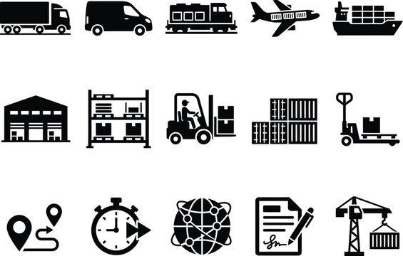Set of black logistic and transportation icons featuring shipping and delivery symbols