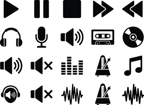 Set of black media and audio control icons on a plain white background