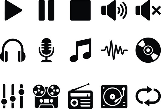 Set of black music and multimedia icons representing audio control and sound recording features