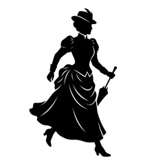 Obraz premium Elegant Victorian Lady Silhouette Walking with Parasol, Vintage 19th-Century Fashion Figure in High-Collar Dress and Feathered Hat, Isolated Black Graphic for Historical Design Projects
