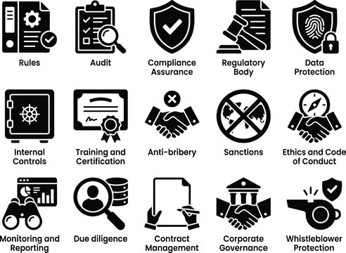 Set of flat black corporate compliance and business ethics vector icons for professional management and policy documentation