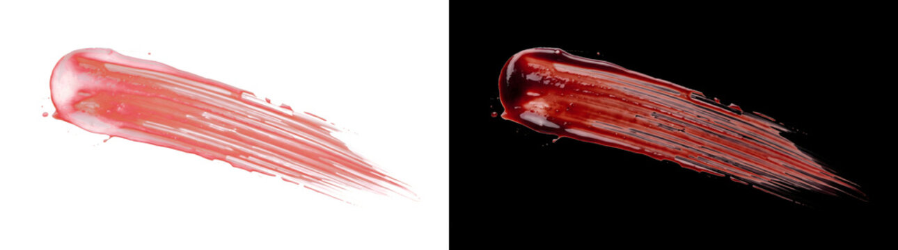 Texture smear of glossy pink liquid swipe with drips for cosmetic beauty design in PNG, Transparent and Black Background Versions