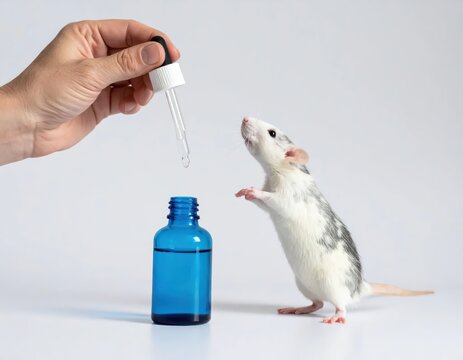 Hand Holding Dropper Over Blue Bottle with Mouse in Laboratory Setting for Science Experiment