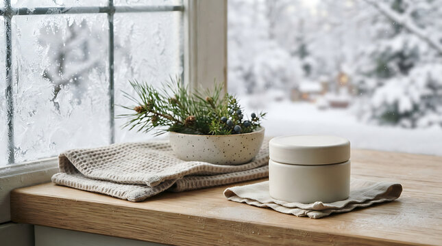 Natural winter skincare cosmetic cream jar on a wooden windowsill with frosty window background