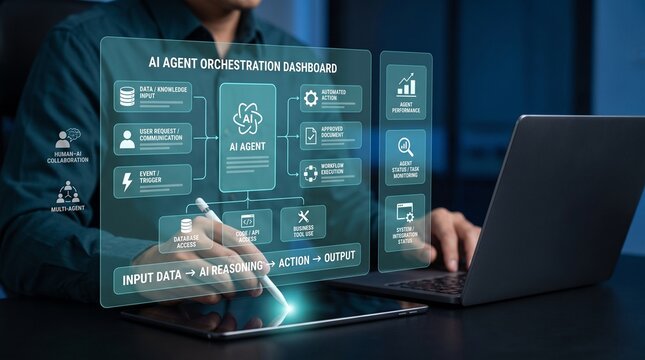 Artificial intelligence agent orchestration dashboard showing automated business workflow execution and human collaboration
