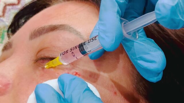 Slow motion cosmetic under-eye injection, close-up,faces not visible