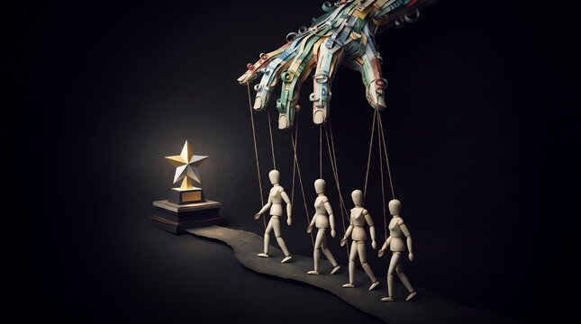 A sculpted hand, resembling a puppet master, controls small wooden figures walking towards a golden star trophy.