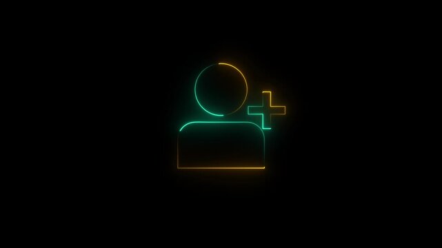 Glowing neon add user icon with plus sign animation on black background...