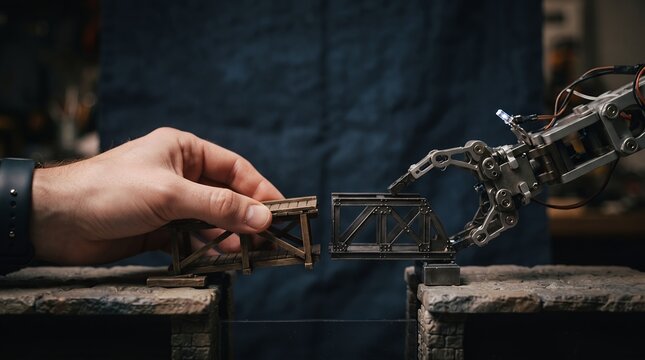 A human hand connects a wooden bridge section to a metallic bridge section held by a robotic arm, spanning a gap.