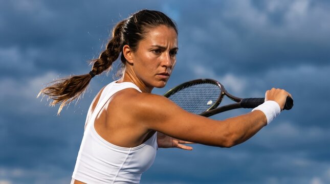Determined female tennis player in action during a competitive match on the court.