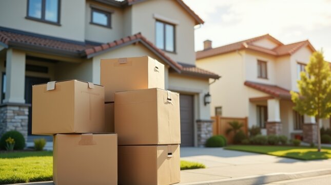 Cajas de cart&oacute;n para mudanza apiladas ordenadamente frente a una casa moderna en las afueras; un vecindario residencial limpio