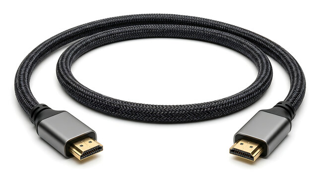 Black braided HDMI cable isolated on white background