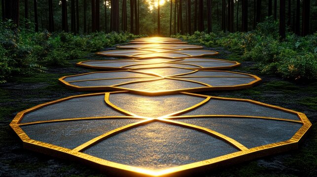 Sunlight reflects off a beautifully designed stone pathway winding through lush greenery